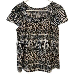 Womens Animal Print Beaded Smocked Cap Sleeve Top Sz M Lightweight Casual